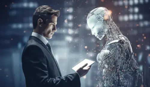 A Lawyer in a suit holds a tablet in front of a robot representing AI. Bigle CLM article on legal tech