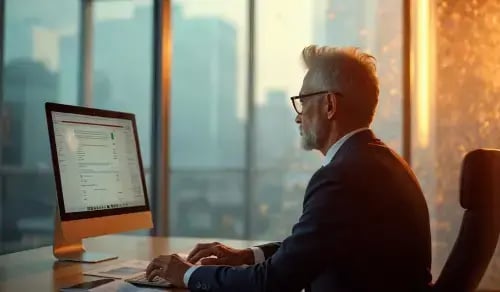 A Lawyer in glasses and suit works at his computer in a glassed-in office. Bigle CLM article on legal tech.