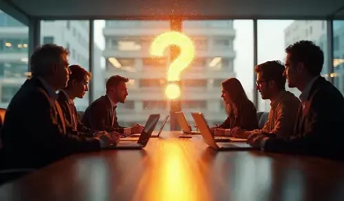 A group of businesspeople chat around a table above which a luminous question mark hangs. Article by Bigle on AI.