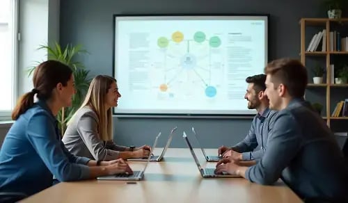 Grupo de cuatro abogados conversa en una reunión ante una pantalla con un diagrama. Artículo de Bigle CLM sobre la gestión del tiempo legal.