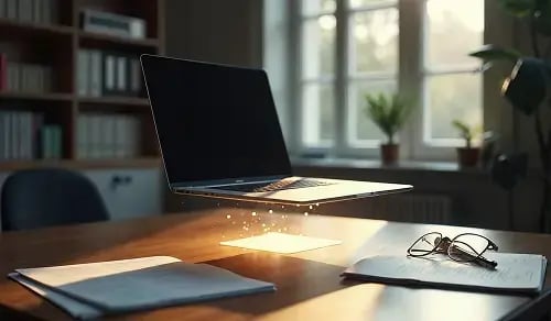 A laptop rising above the desk on a set of light spots. Article by Bigle CLM.