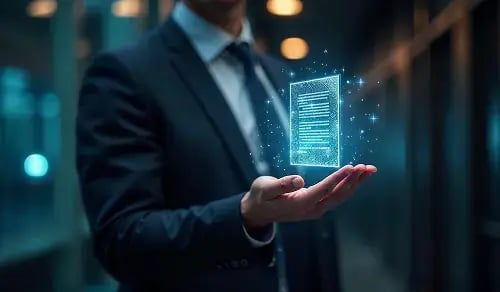 Abogado sostiene el holograma de un documento virtual sobre la palma de su mano. Artículo de Bigle CLM sobre IA jurídica.