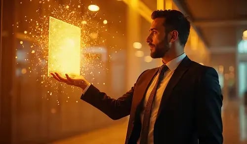 Abogado trajeado sostiene un contrato digital que flota en su mano, en un ambiente anaranjado. Artículo de Bigle CLM sobre IA.