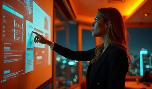 A lawyer in a suit selects an item on a touchscreen in an office at night. Article by Bigle on legal AI.