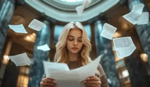 A lawyer leafs through a contract in a library, while around her pages of documents rise into the air.