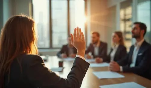 A lawyer raises her hand at a meeting with company management. Article by Bigle CLM.