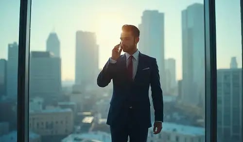 A lawyer speaking on the phone with their back to the office window, overlooking the city. Bigle CLM article.
