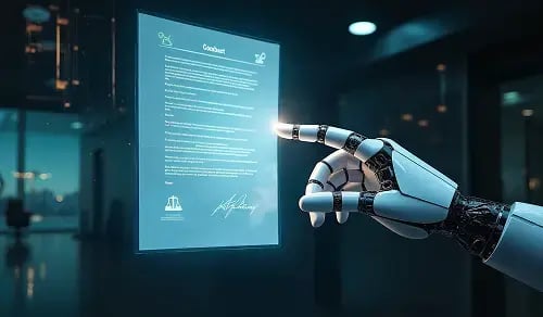 Mano robótica toca con su dedo un holograma de un contrato. Artículo de Bigle CLM sobre Agentic AI.