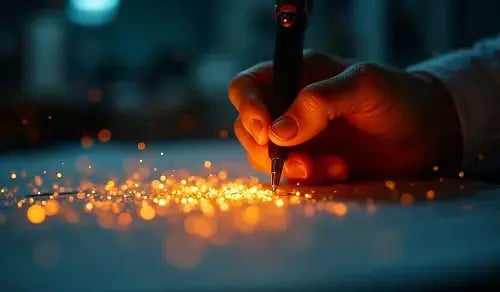 Mano de un abogado escribe sobre un contrato del que salen puntos naranjas tecnológicos. Artículo de Bigle sobre legal prompting.