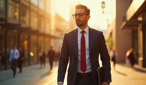  Abogado trajeado camina por la calle mientras amanece. Artículo de Bigle CLM sobre Agentic AI.