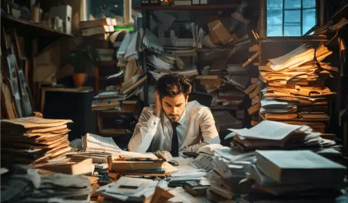 A young lawyer sitting at a table surrounded by papers. Bigle Legal article on legal operations.