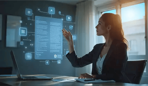 A young solicitor observes the hologram of a contract. Article by Bigle on legal prompting and AI.
