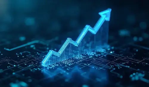 Blue upward arrow graphic on a technological background. Article by Bigle CLM on the ROI of legal AI.