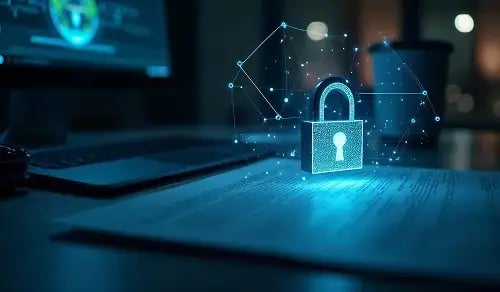 Digital padlock on paper contracts. Article by Bigle on AI, CLM, and security.