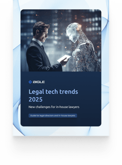 A lawyer looks to his tablet in front of an AI robot. Bigle's ebook on legal tech trechs