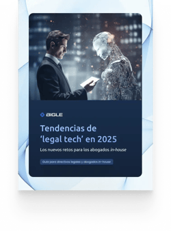 Abogado mira su tablet frente a un robot de IA. Portada ebook Bigle tendencias legal tech 2025