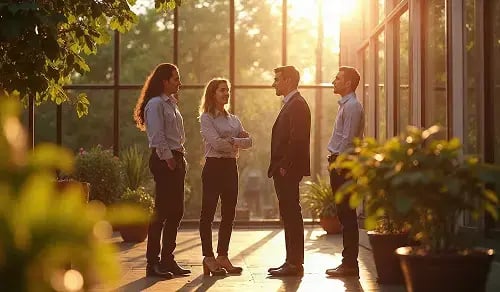 Cuatro abogados en el jardín de su oficina. Artículo de Bigle CLM sobre Legal Design Thinking.