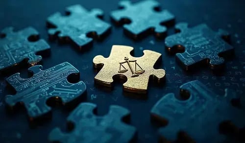 Golden puzzle piece with a scale of justice on top, standing out among other pieces. Article by Bigle on legal AI.