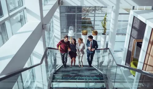 Group of inhouse lawyers chattering up the stairs of a glassed-in office. Article by Bigle Legal CLM.