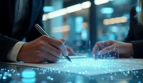 Hand of an in-house lawyer signing a digital contract. Bigle CLM article on AI.