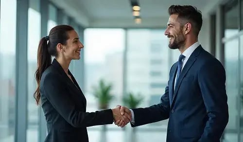 Handshake between lawyer and lawyer in suits in an office. Bigles article on AI, CLM and contracts