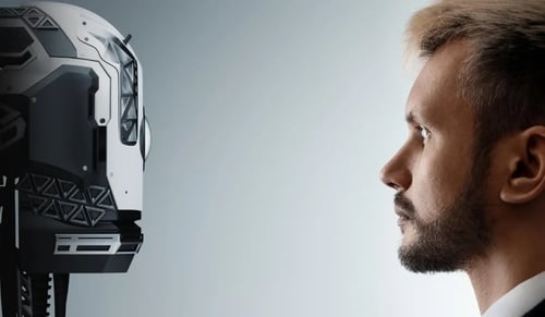 Suited lawyer's face in front of a robot. Bigle Legal article on generative AI.