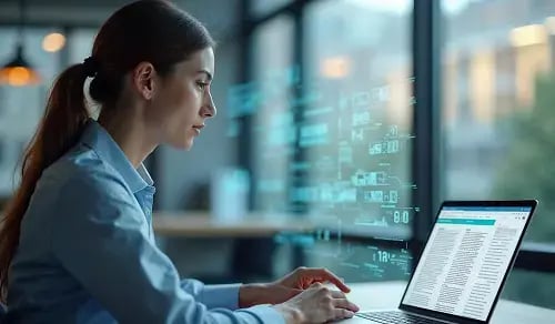 Inhouse lawyer consults documents on her computer in front of a halo of technology. Bigle CLM article on legal time management.