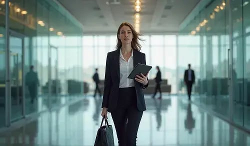 Lawyer arrives at her glassed-in office, tablet in hand. BIgle CLM article on compliance and legal operations.