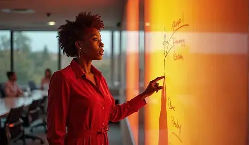 Lawyer in a red suit points to a blackboard she is looking at, in a meeting room. Bigle CLM article