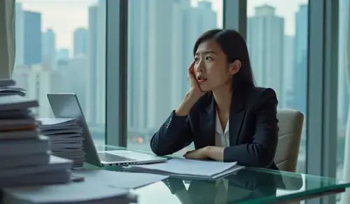 Abogada con gesto frustrado ante una montaña de papeles, en una oficina acristalada en una gran ciudad. Artículo de Bigle CLM sobre gestión contractual.