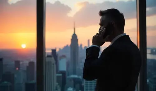 Lawyer on the phone in front of a large window at sunset. Bigle article on CLM.