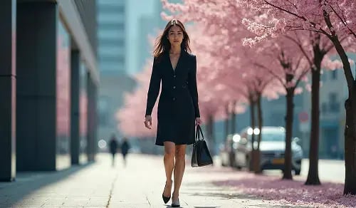 Lawyer walks outside her office with a bag in her hand. Article by Bigle CLM on the ROI of legal AI.