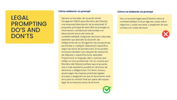 Ejemplo práctico de un prompt válido para pedir un NDA a la IA generativa y cómo no deberías hacerlo.