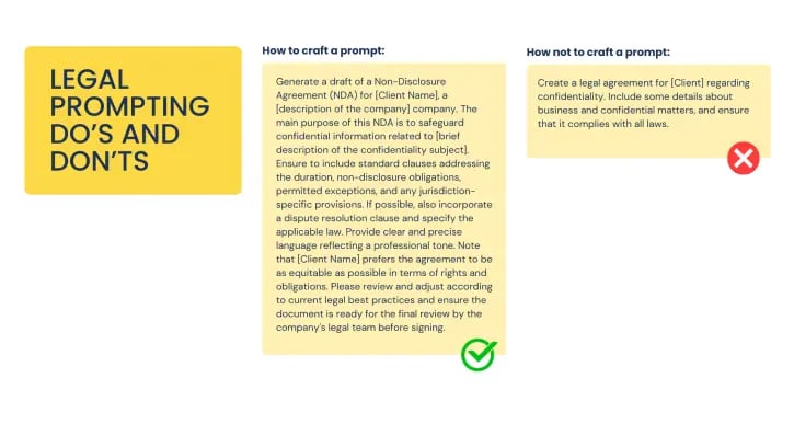 Practical example of a valid prompt to request an NDA from the generative AI and how you should not do it.
