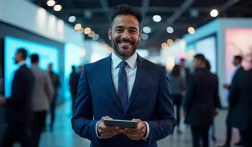 Smiling lawyer in a suit holding a tablet at a tech conference. Bigle CLM article.