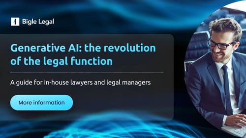 A suited lawyer in glasses types with a smile on his face. Bigle Legal's Ebook on Generative AI.