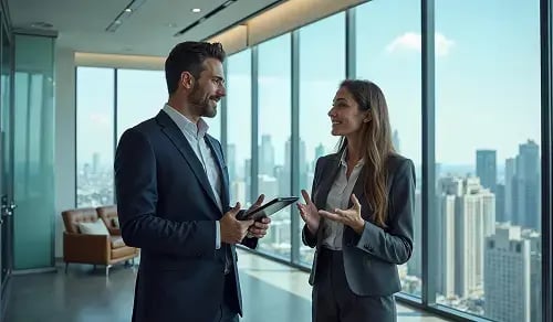 Dos abogados charlan en una oficina acristalada con vistas a una gran ciudad. Artículo de Bigle CLM.