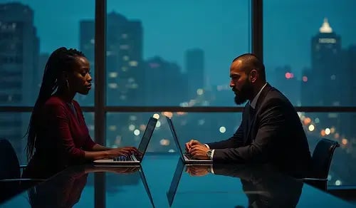 Two lawyers meeting in a meeting room overlooking a city at dusk. Article by Bigle on CLM and AI.