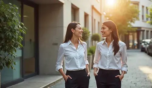 Dos abogadas sonríen en una pausa de su trabajo, en el exterior soleado de su oficina. Artículo de Bigle CLM sobre IA.