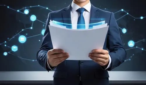 Young lawyer in a suit holds a contract that goes digital. Bigle Legal CLM article on contract management.