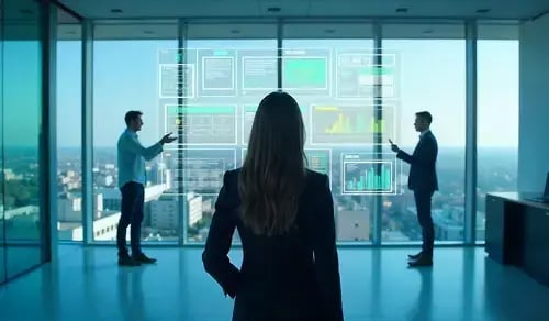 Young lawyer with her back turned, with a virtual interface in front of her and two office colleagues chatting with each other. Bigle CLM article on compliance and legal operations.