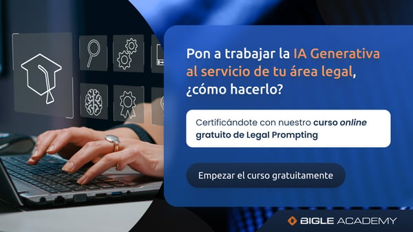 Manos de un abogado escriben sobre un teclado. Curso de IA generativa de Bigle.