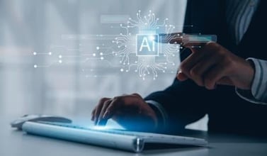 Alt: Hands of a lawyer in a suit working at a keyboard and selecting AI. Bigle article on CLM or Contract Lifecycle Management.