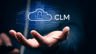 Open hand holding a glowing cloud icon labeled CLM, representing cloud-based Contract Lifecycle Management with integrated AI