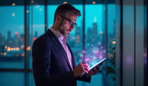 A lawyer in a suit consulting a tablet from which techno-logical elements are sprouting, in his glassed-in office at sunset. Bigle article on AI.