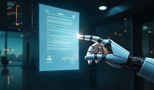 A robotic hand touches a holographic contract. Bigle CLM article about Agentic AI.
