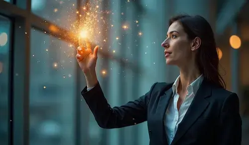 A suited lawyer holds a halo of technological dots in her hand. Bigle CLM article on legal AI.