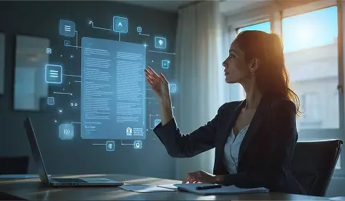 A young solicitor observes the hologram of a contract. Article by Bigle on legal prompting and AI.