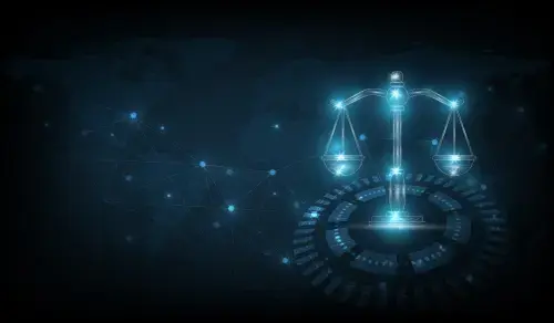 Balance of justice illuminated by stars on a black background. Bigle Legal article on AI and legal prompting.