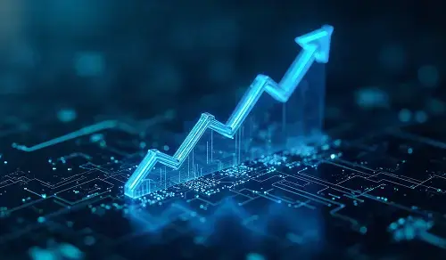 Blue upward arrow graphic on a technological background. Article by Bigle CLM on the ROI of legal AI.